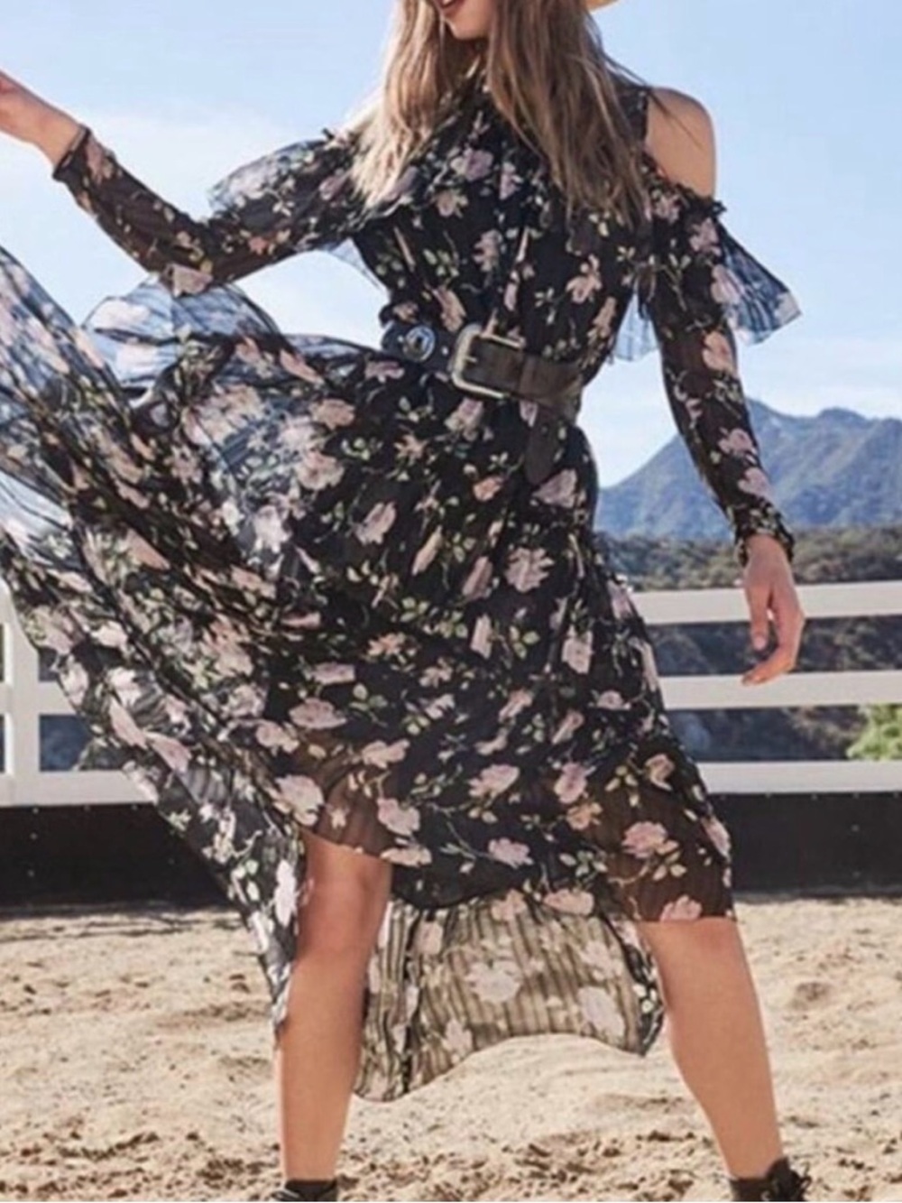 🌸Ulla Johnson Noir Black Floral Tie-Neck Tiered High-Low Maxi
